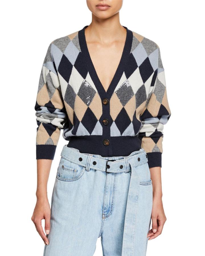 Cashmere Sequined Argyle Cardigan