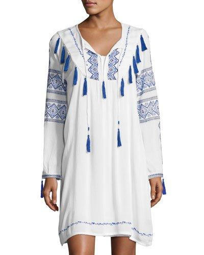 Long-sleeve Tie-front Embroidered Dress, White/blue