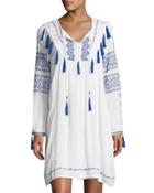 Long-sleeve Tie-front Embroidered Dress, White/blue
