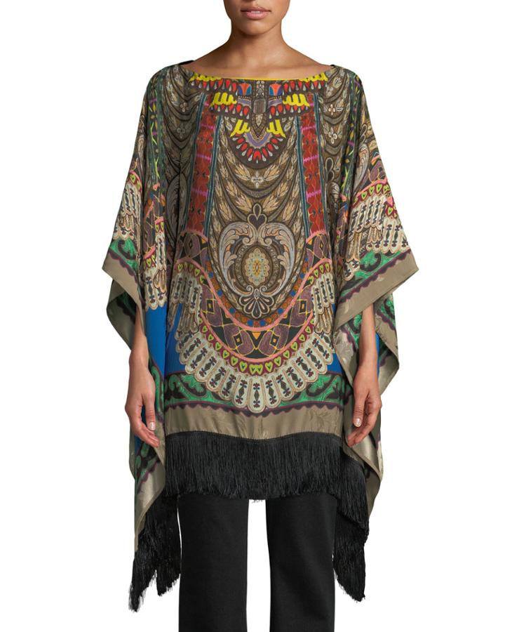 Boat-neck Dream-catcher Print Silk Tunic W/ Fringe