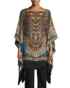 Boat-neck Dream-catcher Print Silk Tunic W/ Fringe