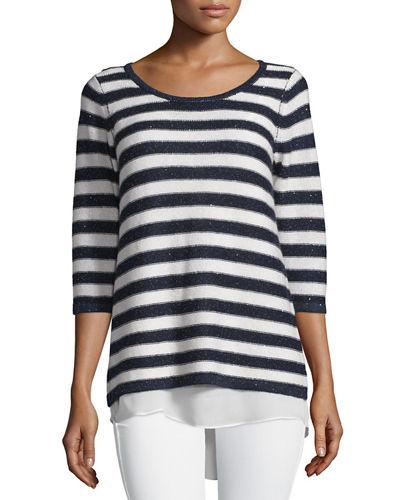 Sequin-striped Sweater With Chiffon Hem