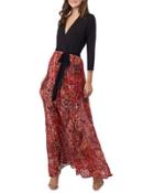 Long-sleeve Paisley-skirt Maxi Dress, Wine