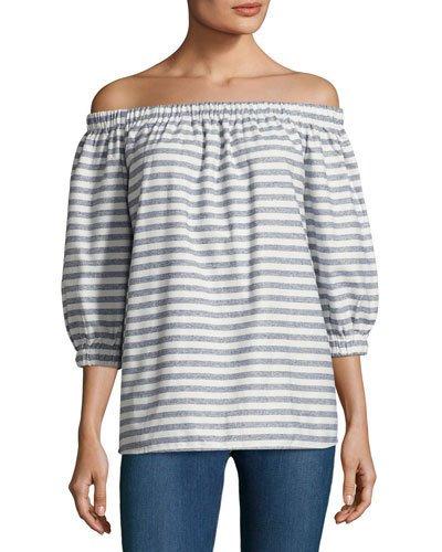 Karlee Striped Off-the-shoulder Top, Blue/white