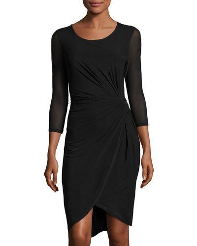 Robin Ruched 3/4-sleeve Jersey Dress, Black