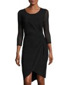 Robin Ruched 3/4-sleeve Jersey Dress, Black