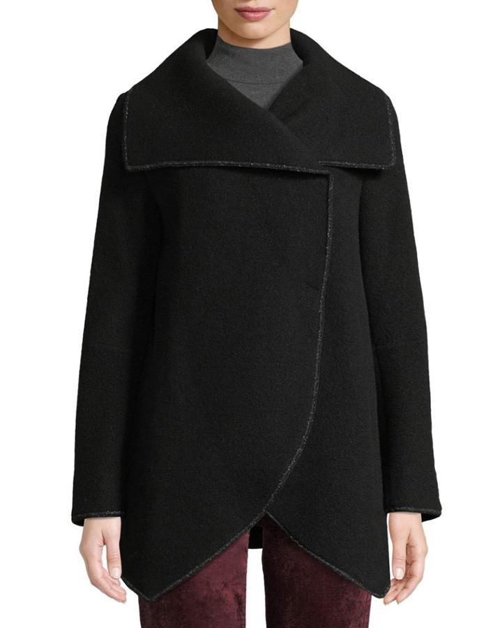 Asymmetric Long-sleeve Wool-blend Wrap Jacket, Black