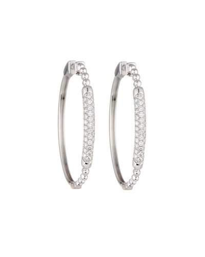 18k White Gold Beaded Pave Diamond Hoop Earrings