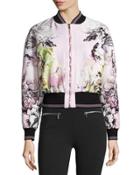 Floral-print Zip-front Bomber Jacket, Pink/white