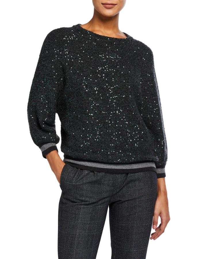 Tripled Cashmere/silk Paillette Sweater W/ Banded Trim