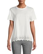 Short-sleeve Crossover-back Cotton Tee W/ Eyelet Embroidery