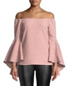 Off-the-shoulder Textured Bell-sleeve Blouse