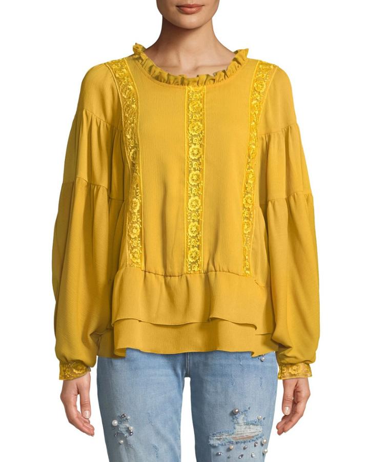 Ruffle-trim Lace-stripe Peasant Blouse