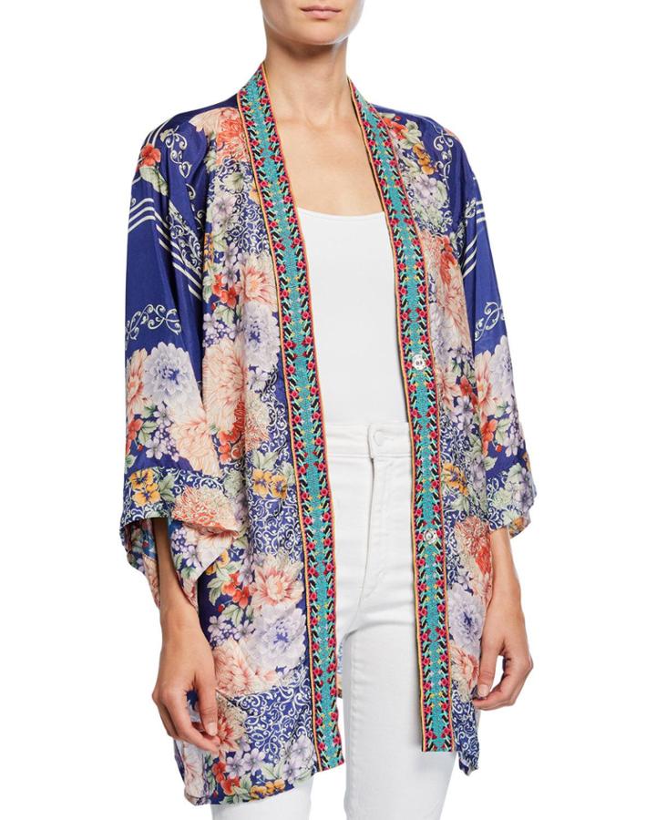 Blati Printed Silk Shorter Kimono With Embroidered Trim