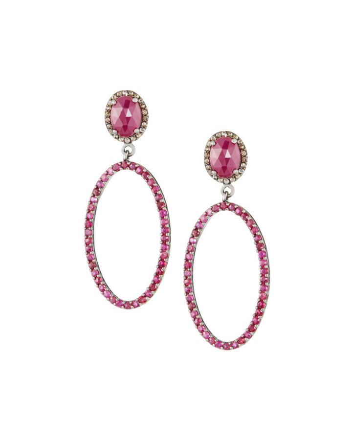 Black Silver Open Oval Drop Earrings With Ruby & Diamonds