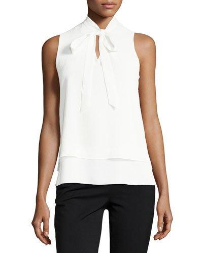 Tie-neck Sleeveless Crinkled-crepe Blouse