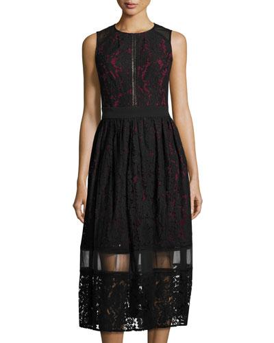 Lace-overlay Midi Dress, Black/red