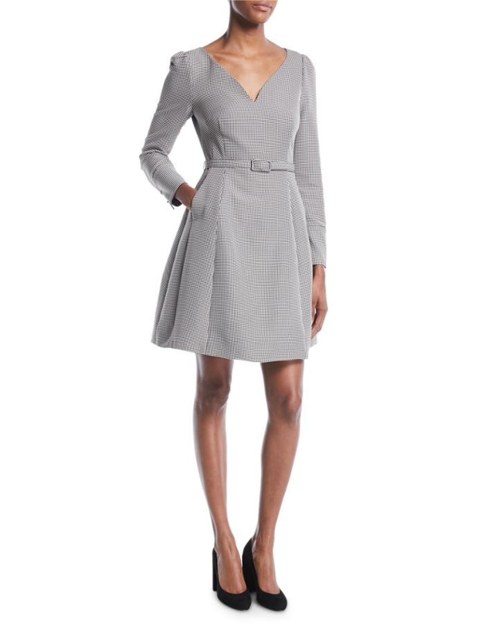 V-neck Long-sleeve Belted Houndstooth Dress With Pockets