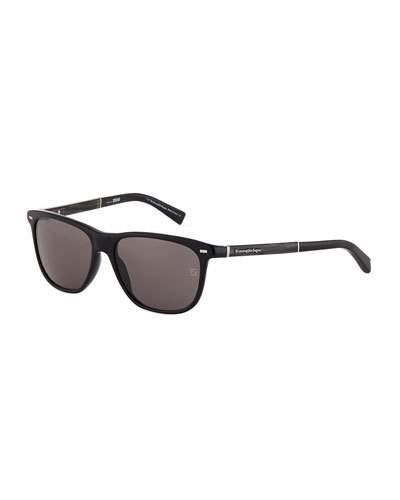 Rounded Square Plastic Sunglasses, Black/smoke