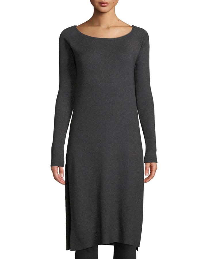 Long-sleeve Sparkling Cashmere-blend Tunic Dress, Black