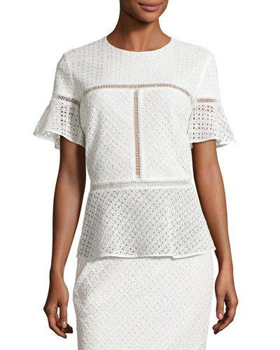 Eyelet Peplum Short-sleeve Top, Off White