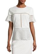 Eyelet Peplum Short-sleeve Top, Off White