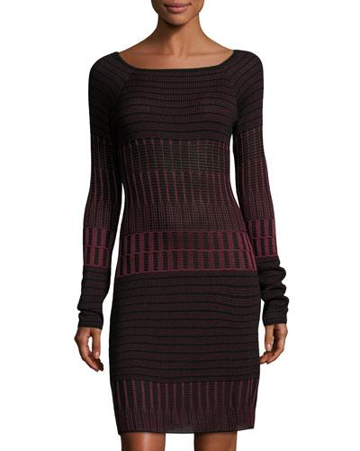 Textured Bateau-neck Sweater Dress, Black/wine