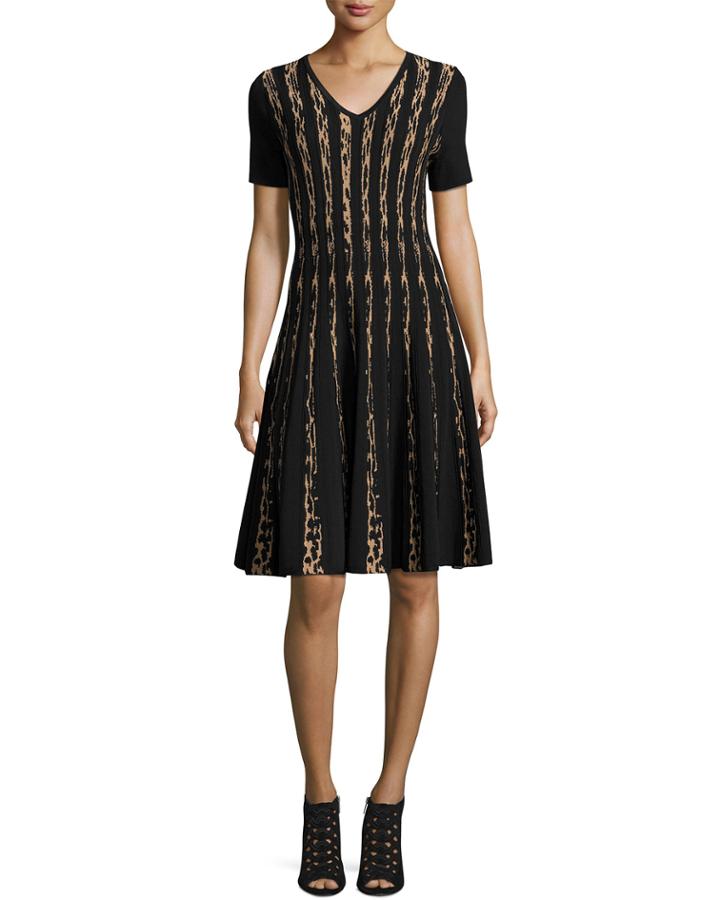 Short-sleeve Leopard Birdseye Jacquard A-line Dress, Black/zoe Beige