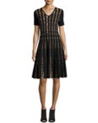 Short-sleeve Leopard Birdseye Jacquard A-line Dress, Black/zoe Beige