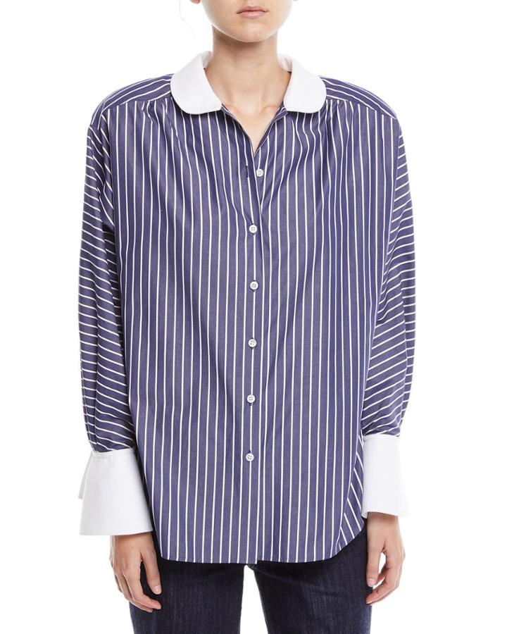 Peter Pan Collar Button-front Striped Shirt W/