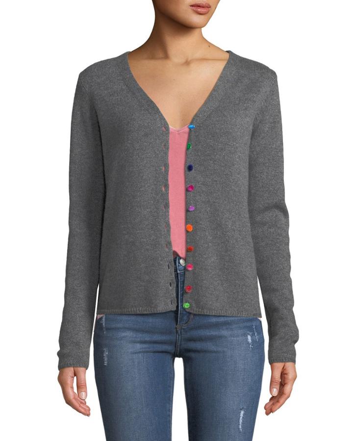 Cashmere Pom-pom Button Front Cardigan, Gray