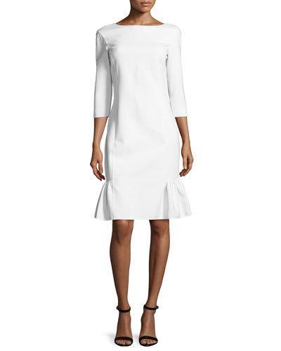 Half-sleeve Ruffle-hem Sheath Dress, Vanilla