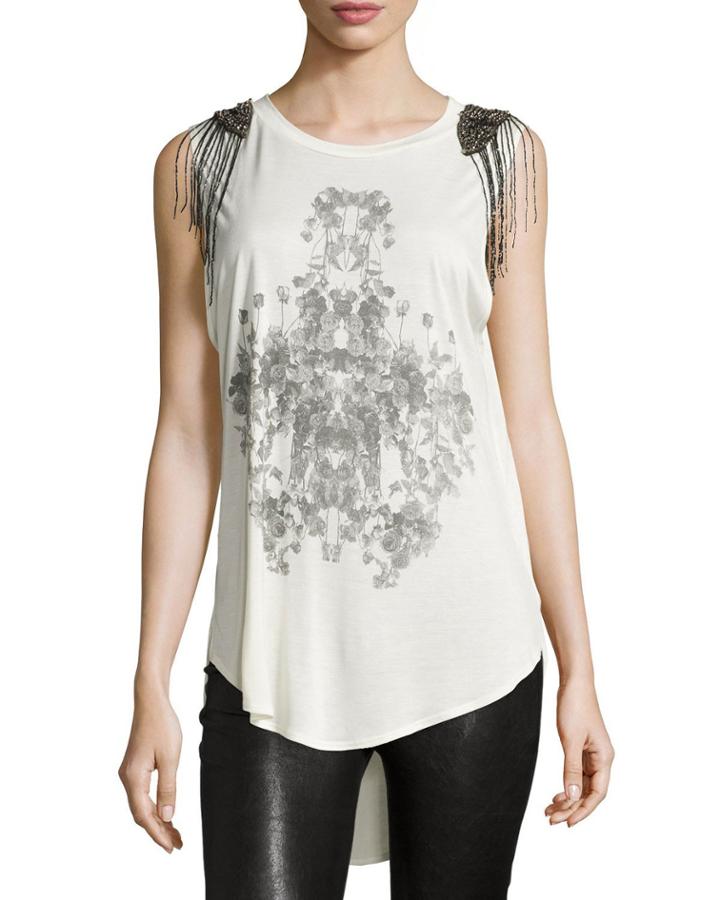 Embellished-shoulder Graphic Tank,