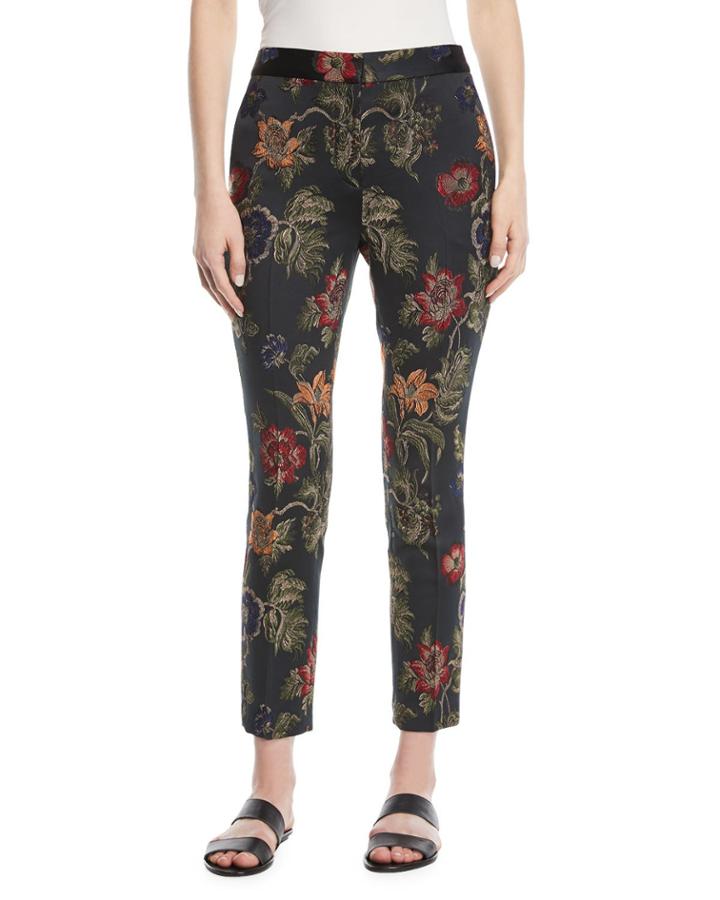 Floral-jacquard Stretch Satin Skinny Trousers