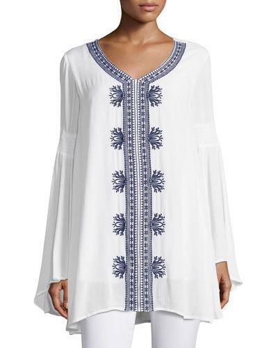 Embroidered Bell Sleeve Tunic, White/blue