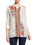Caila Striped Button-front Blouse W/ Embroidery