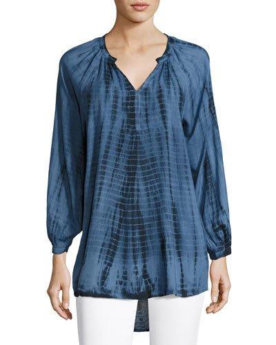 Tie-dye Long-sleeve Split-neck Tunic, Blue
