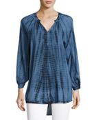 Tie-dye Long-sleeve Split-neck Tunic, Blue