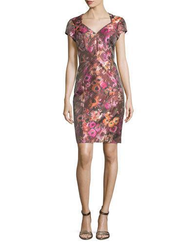 Short-sleeve Floral Jacquard Cocktail Dress, Cactus Rose