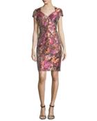 Short-sleeve Floral Jacquard Cocktail Dress, Cactus Rose