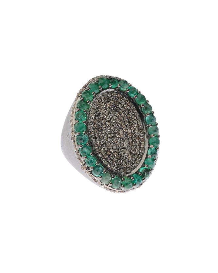 Silver Oval Cocktail Ring With Emeralds & Diamonds,