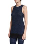 Sleeveless Open-knit Fringe Tunic, Black/cobalt