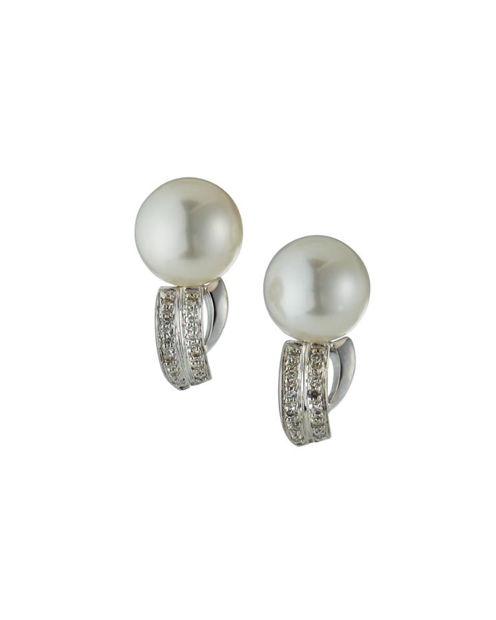 14k White Gold Diamond-base Pearl Earrings