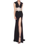 Deep-v Beaded Waist Gown