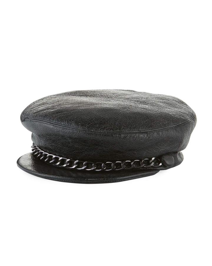 Marina Leather Newsboy Hat W/ Chain Front