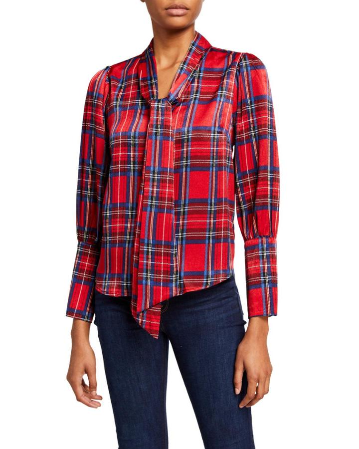 Tie-neck Plaid Blouse