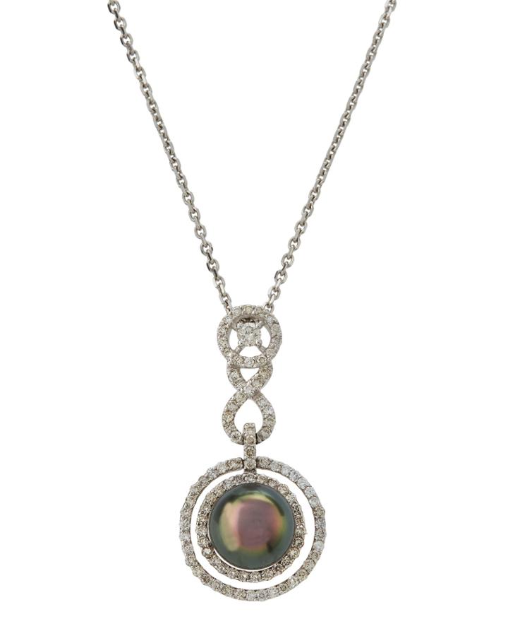 14k White Gold Geometric Pave & Pearl Pendant Necklace