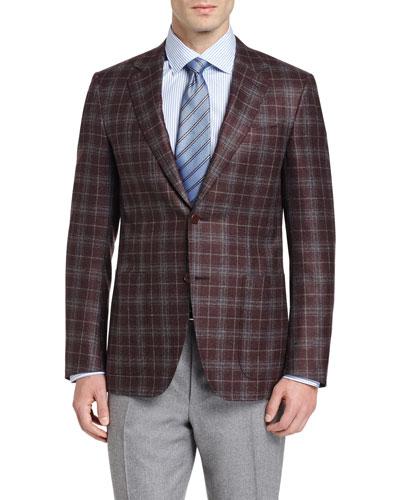 Plaid Two-button Sport Coat, Burgundy/gray
