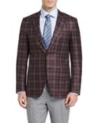 Plaid Two-button Sport Coat, Burgundy/gray