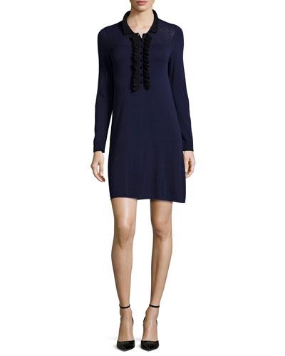 Long-sleeve Ruffle-trim Sweaterdress, Navy/jet